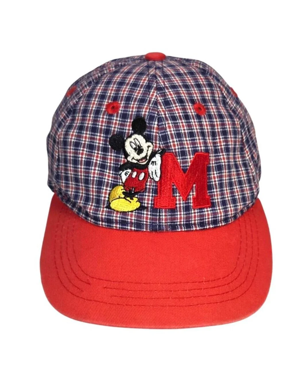 Vintage Disney Mickey Mouse Red Blue Plaid Embroidered Cap Hat Kid's Adjustable
